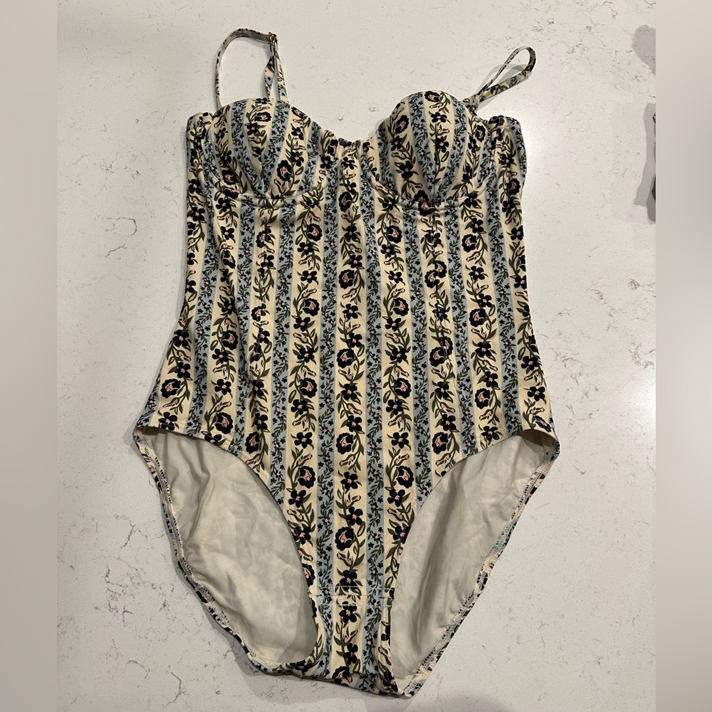 Tory Burch Cream and Black, Blue and Pink Floral One Piece Swimsuit